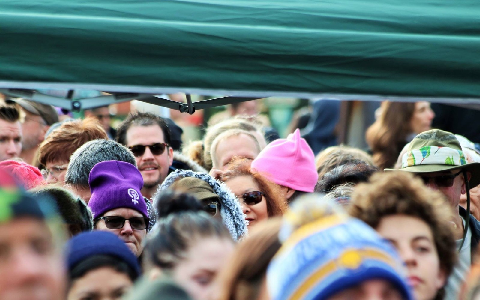 Crowd at the first Women’s March in Chico, with pink hats visible