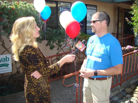 Randall Stone being interviewed at the August 27, 2016 opening of the Butte County Democratic campaign headquarters in Chico
