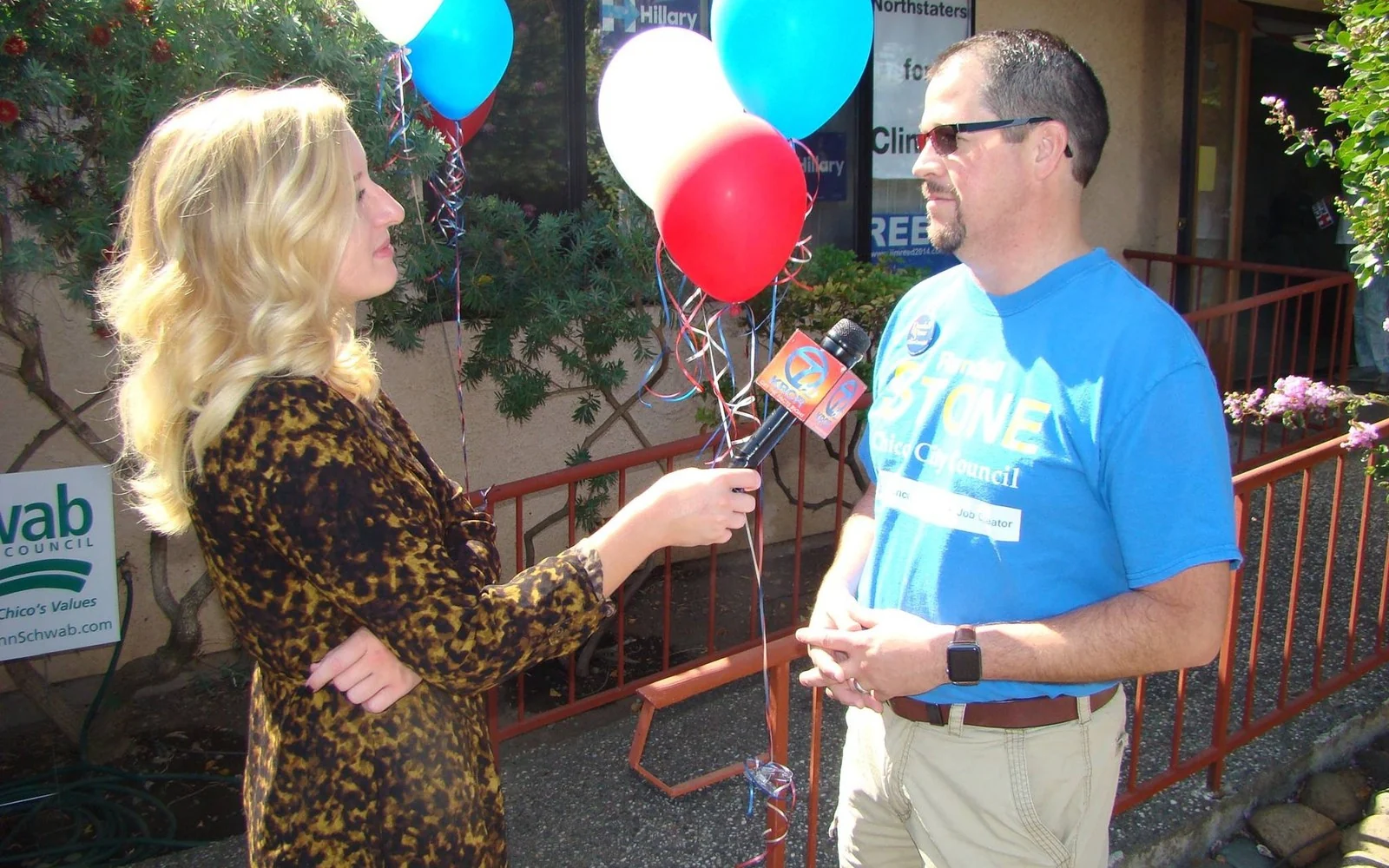 Randall Stone being interviewed at the opening of the Butte County Democratic campaign headquarters in Chico in 2016
