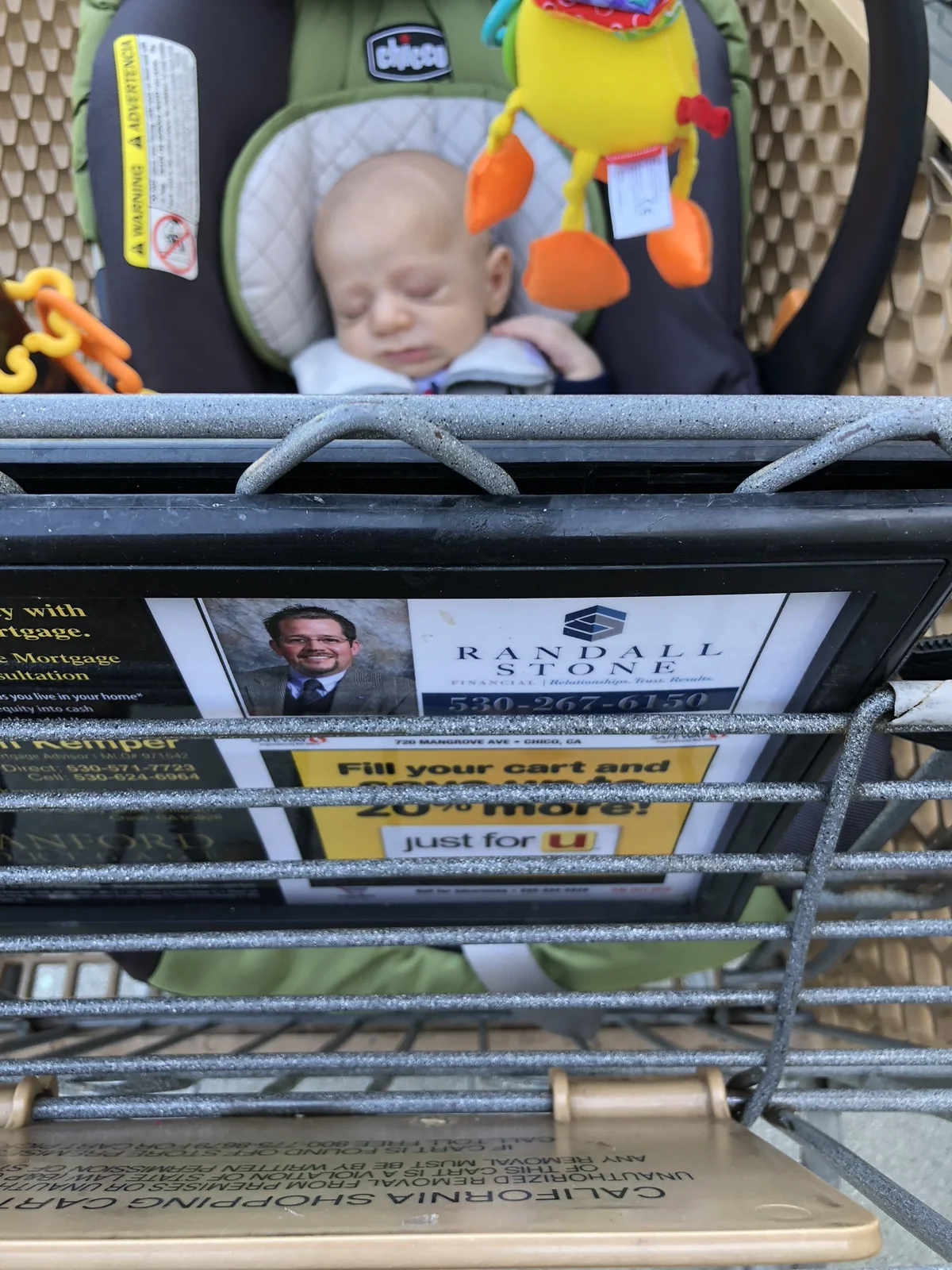 Infant Karden in a shopping cart above a Randall Stone Financial cart advertisement