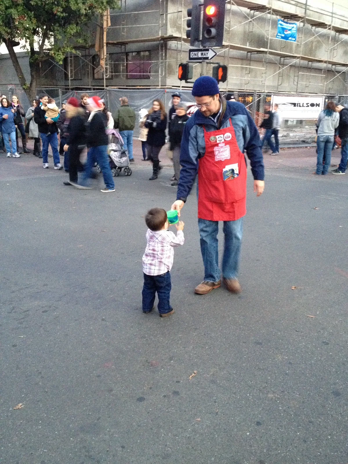 Downtown Chico Christmas Preview Greeter duty at Third and Broadway with young Rhys.