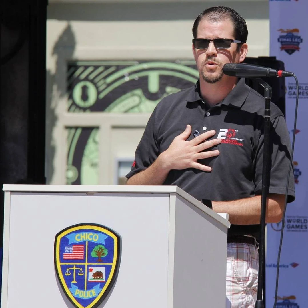 Randall Stone welcoming the Special Olympics Law Enforcement Torch Run in Chico as Director of Special Olympics Butte County