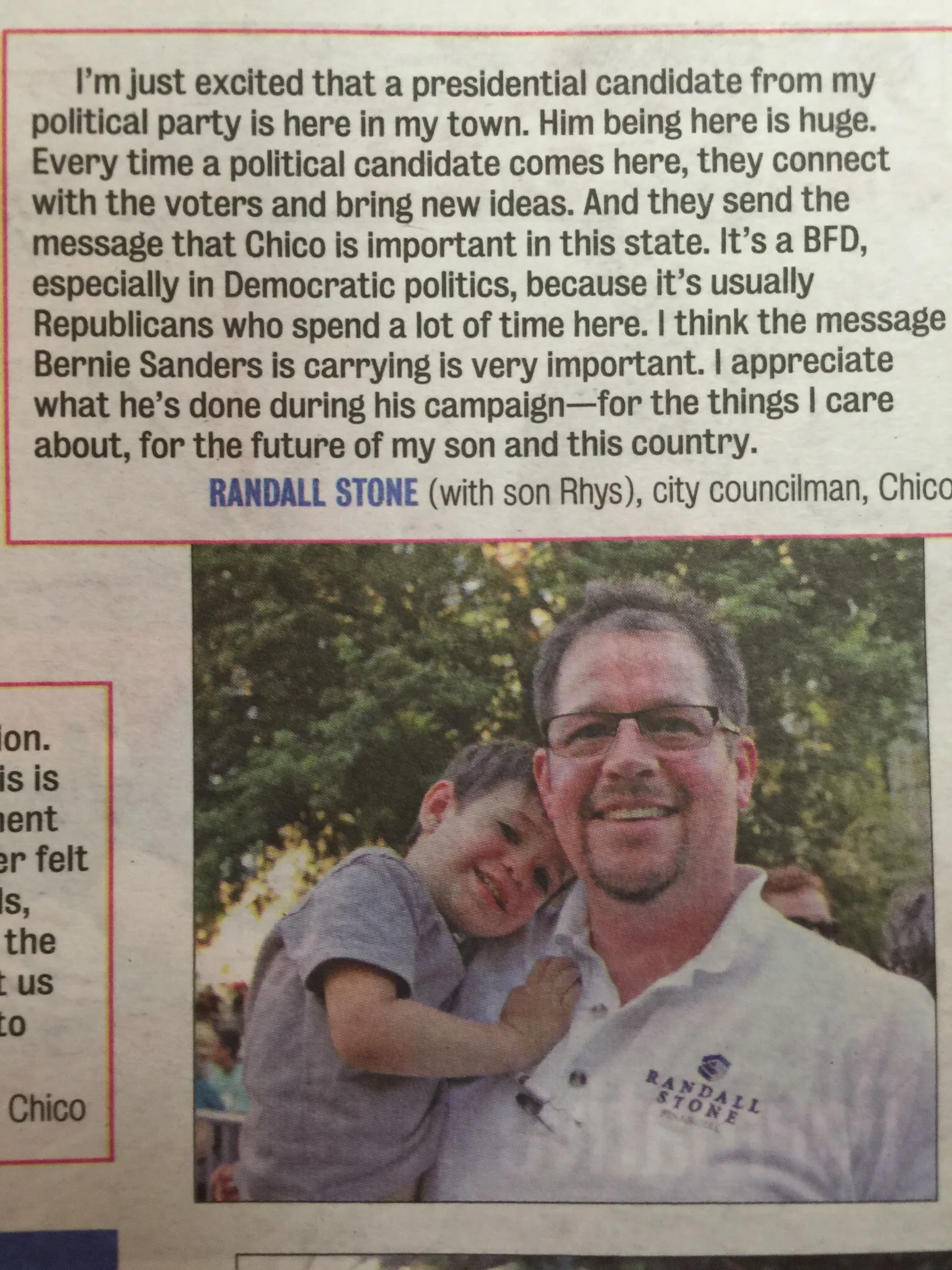 Newspaper clipping featuring Randall Stone holding Rhys during a presidential campaign visit to Chico