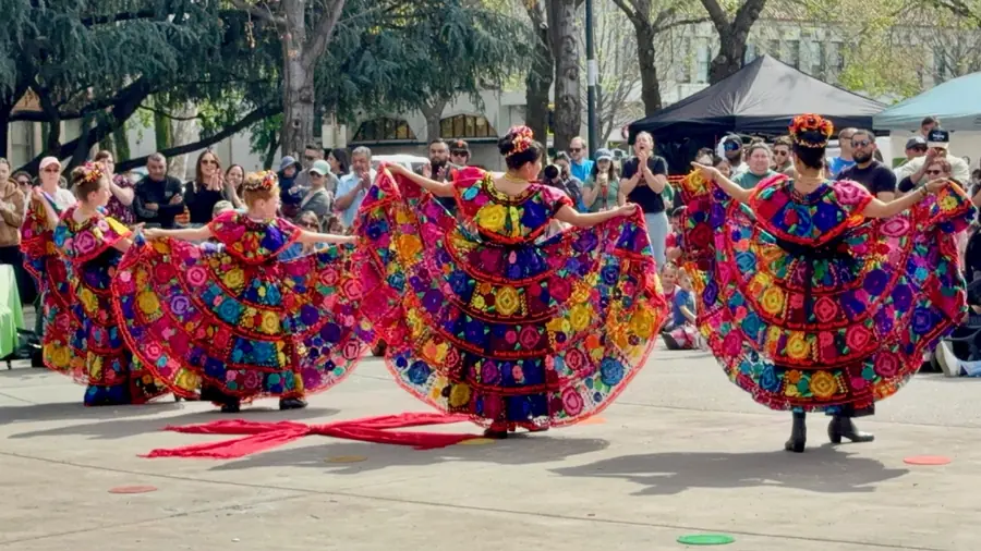 Rosas de María dancers performing in embroidered floral dresses before an outdoor audience